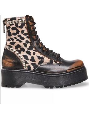 Steve Madden Leopard-Print Platform Combat Boots in Black & Brown